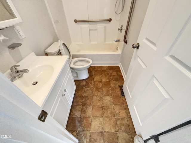 full bathroom featuring vanity, toilet, and washtub / shower combination