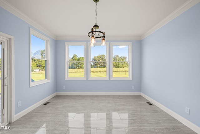 2804 Jack Mitchell Rd, Zebulon, NC 27597 - empty room with baseboards, visible vents, ornamental molding, and a chandelier
