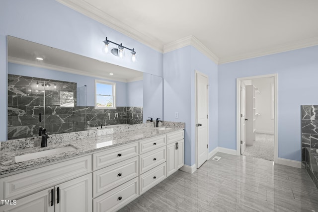 2804 Jack Mitchell Rd, Zebulon, NC 27597 - full bathroom featuring baseboards, ornamental molding, a sink, and a shower