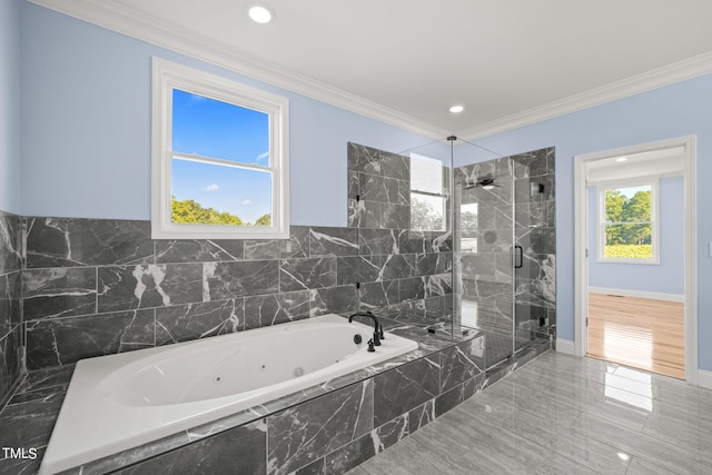 2804 Jack Mitchell Rd, Zebulon, NC 27597 - full bath with ornamental molding, baseboards, a jetted tub, and a shower stall