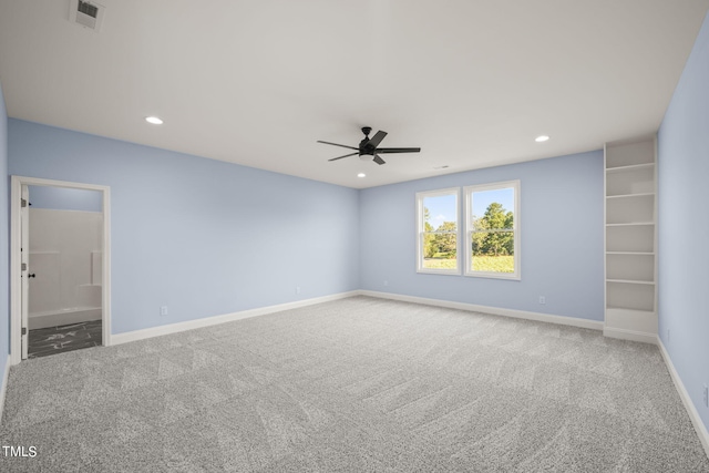 2804 Jack Mitchell Rd, Zebulon, NC 27597 - carpeted empty room with baseboards, visible vents, ceiling fan, and recessed lighting