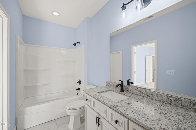 2804 Jack Mitchell Rd, Zebulon, NC 27597 - full bath featuring vanity, toilet, shower / washtub combination, marble finish floor, and visible vents