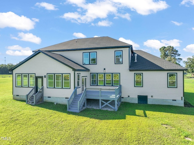 2804 Jack Mitchell Rd, Zebulon, NC 27597 - back of house with crawl space, a shingled roof, a yard, and a deck