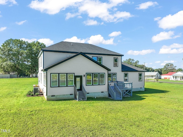 2804 Jack Mitchell Rd, Zebulon, NC 27597 - back of house with central AC unit, roof with shingles, crawl space, and a yard