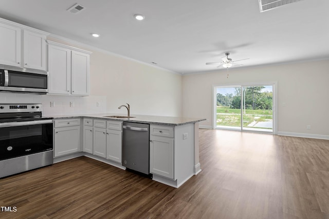 kitchen with white cabinetry, dark hardwood / wood-style flooring, stainless steel appliances, and ceiling fan