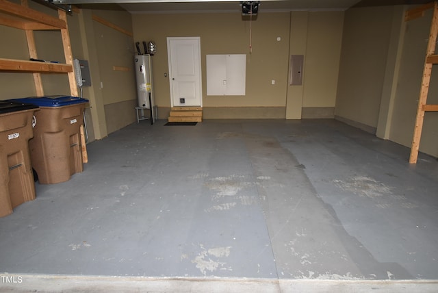 garage featuring a garage door opener, electric panel, and electric water heater