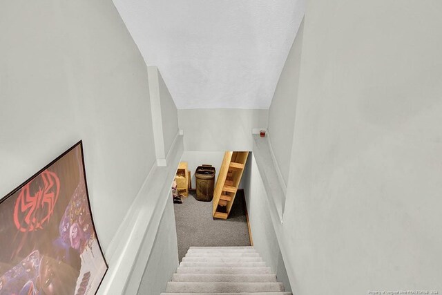 stairs with lofted ceiling and carpet flooring