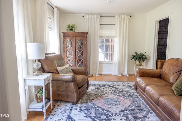 living room featuring crown molding and hardwood / wood-style flooring