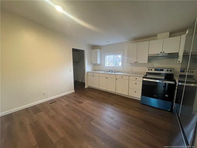 kitchen with white cabinetry, dark hardwood / wood-style flooring, stainless steel electric range oven, and sink