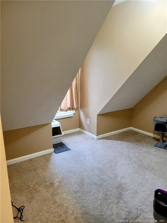 bonus room with vaulted ceiling, a textured ceiling, and carpet floors