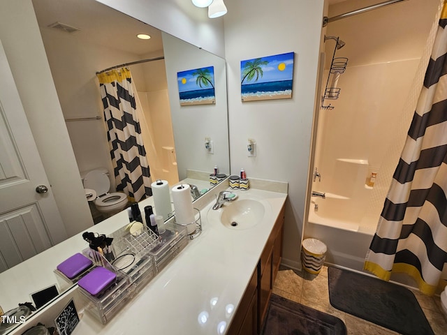 full bathroom with tile patterned flooring, vanity, toilet, and shower / bath combination with curtain