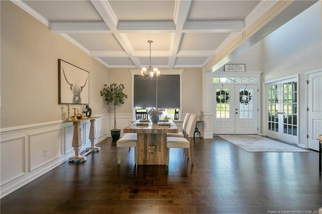 dining space featuring french doors, coffered ceiling, a chandelier, and dark hardwood / wood-style floors