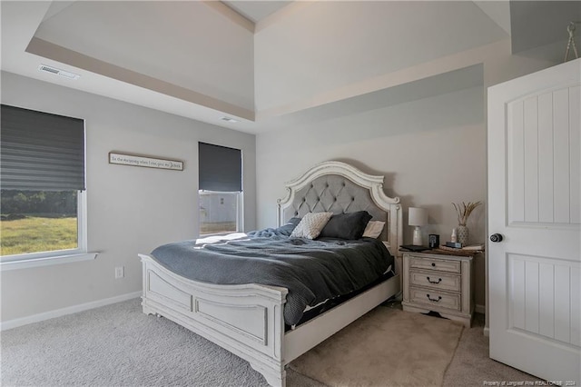 bedroom featuring a raised ceiling and light carpet