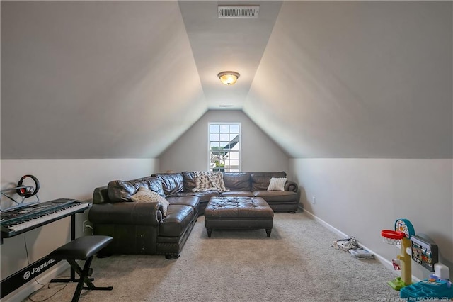 carpeted living room featuring vaulted ceiling