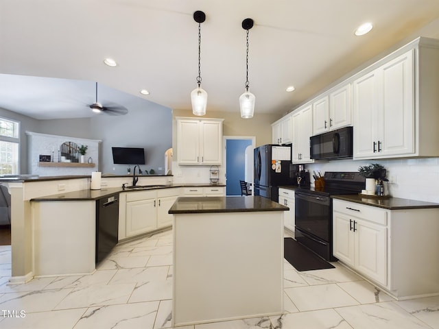 kitchen featuring black appliances, a center island, kitchen peninsula, sink, and white cabinets