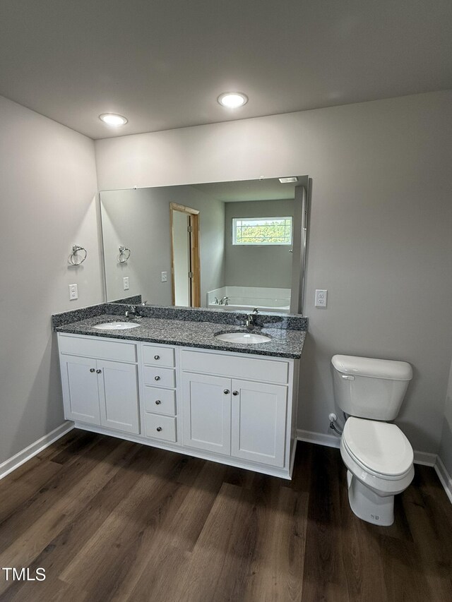 bathroom with vanity, toilet, and hardwood / wood-style flooring