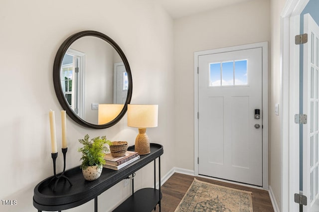 entryway with dark hardwood / wood-style flooring and a healthy amount of sunlight