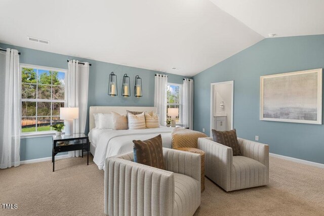 carpeted bedroom featuring lofted ceiling and ensuite bath