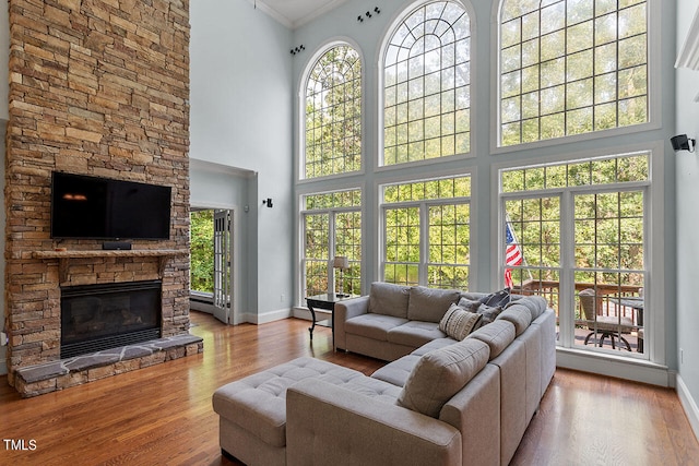 living room featuring light hardwood / wood-style flooring, a high ceiling, and ornamental molding