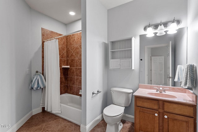 full bathroom featuring tile patterned flooring, vanity, toilet, and shower / bath combination with curtain