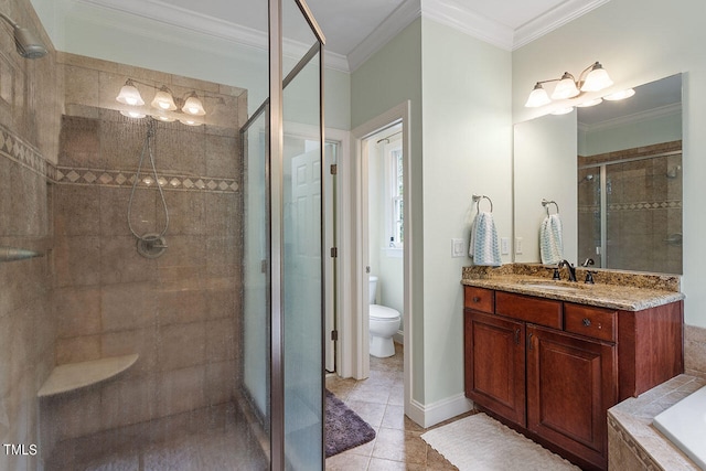 full bathroom featuring vanity, toilet, ornamental molding, independent shower and bath, and tile patterned flooring