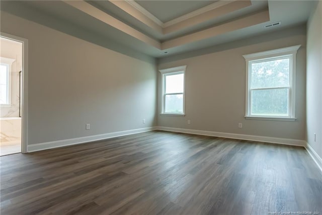 unfurnished room featuring a tray ceiling and dark hardwood / wood-style flooring