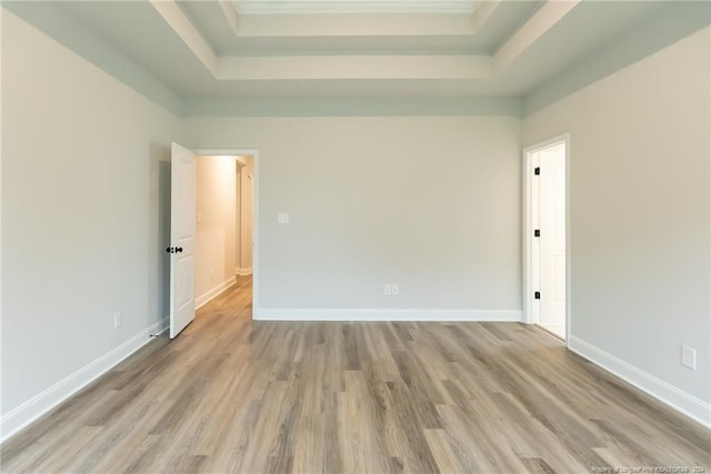 spare room with light wood-type flooring and a tray ceiling