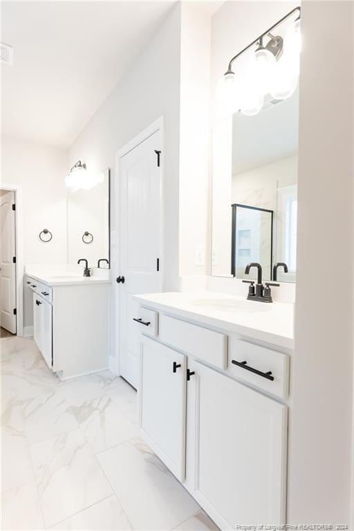 bathroom with vanity and a shower with shower door