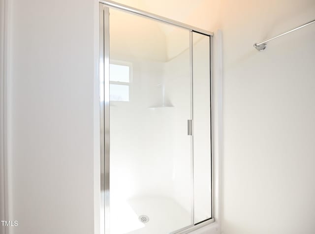 bathroom with a shower with shower door