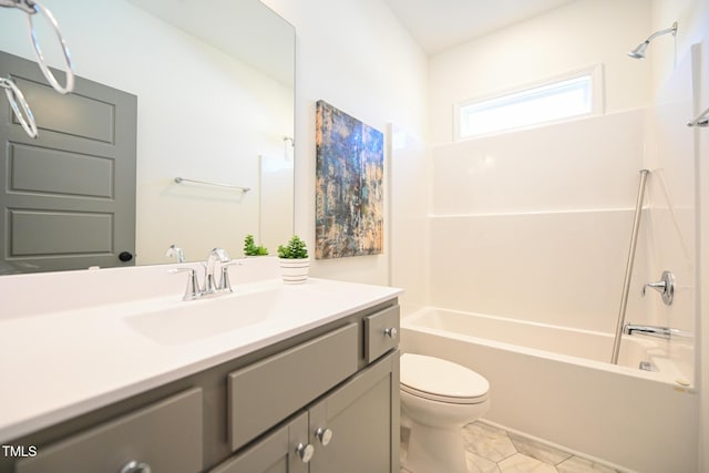 full bathroom featuring vanity, tub / shower combination, and toilet