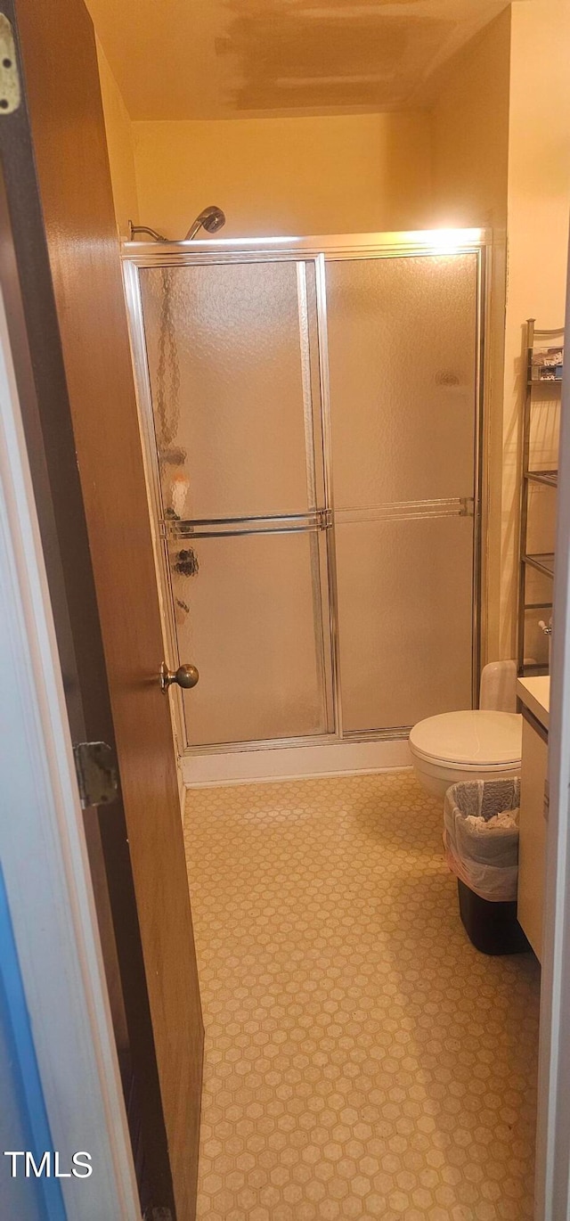 bathroom with walk in shower, toilet, and vanity