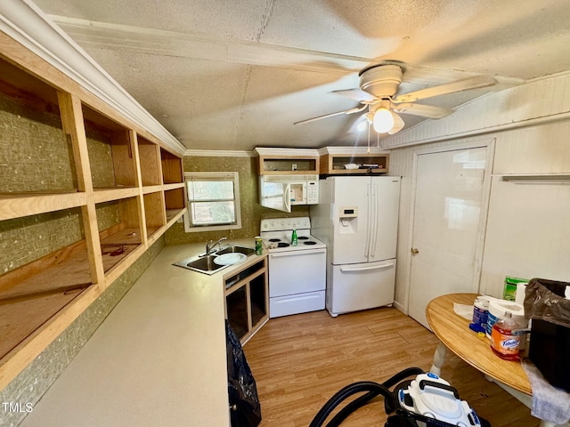 kitchen featuring ceiling fan, a textured ceiling, light wood-type flooring, sink, and white appliances