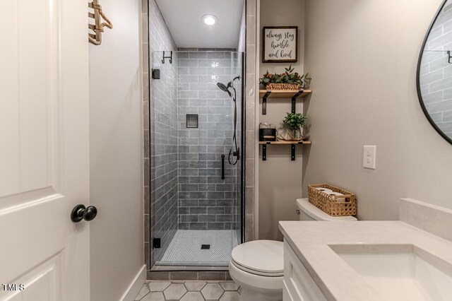 full bath with a shower stall, toilet, recessed lighting, vanity, and tile patterned flooring