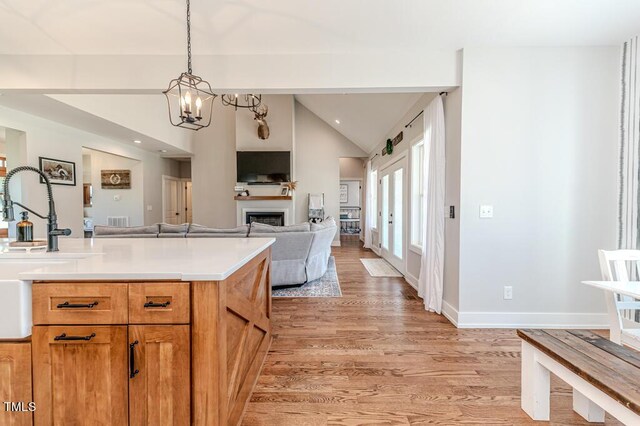 kitchen featuring open floor plan, light countertops, vaulted ceiling, light wood-type flooring, and hanging light fixtures