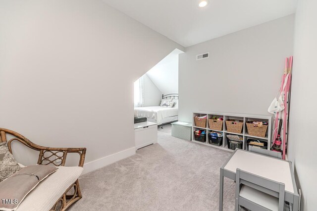 game room with vaulted ceiling, carpet floors, baseboards, visible vents, and recessed lighting