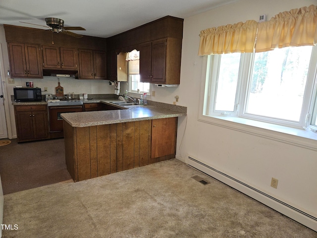 kitchen with carpet floors, kitchen peninsula, ceiling fan, baseboard heating, and electric stove