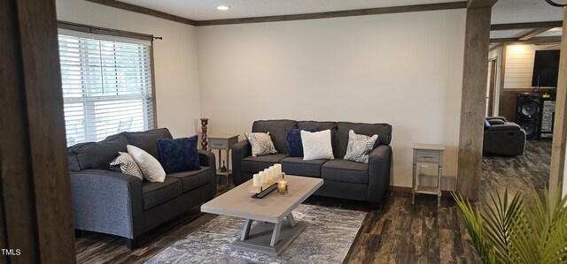 living room with ornamental molding, washer / dryer, and dark hardwood / wood-style floors