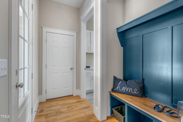 mudroom featuring a wealth of natural light and light hardwood / wood-style flooring