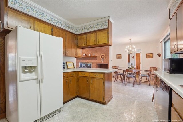 kitchen with pendant lighting, white fridge with ice dispenser, a chandelier, dishwasher, and kitchen peninsula