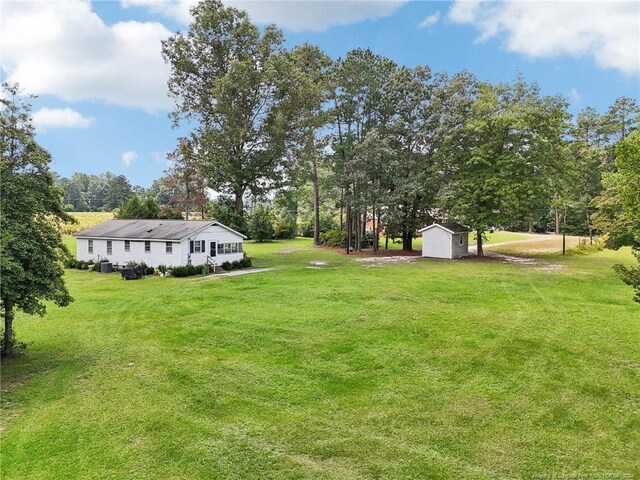 view of yard with a storage shed