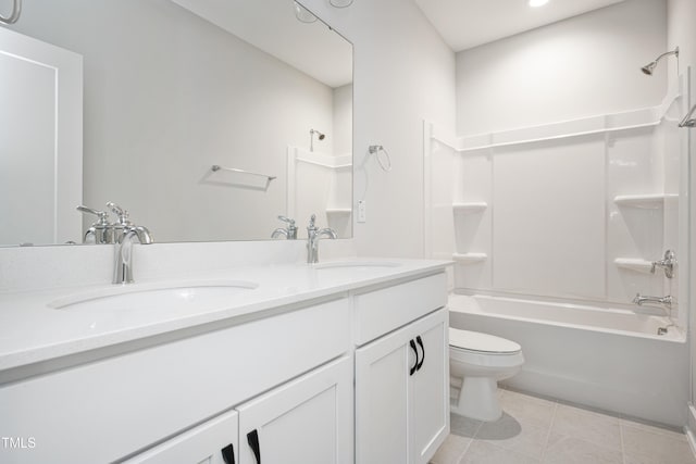 full bathroom featuring tile patterned floors,  shower combination, toilet, and vanity