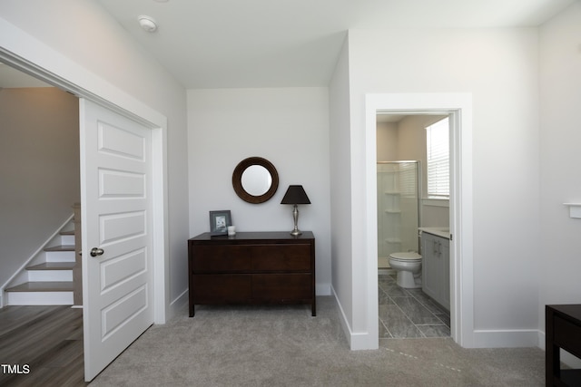 interior space featuring light carpet and ensuite bathroom