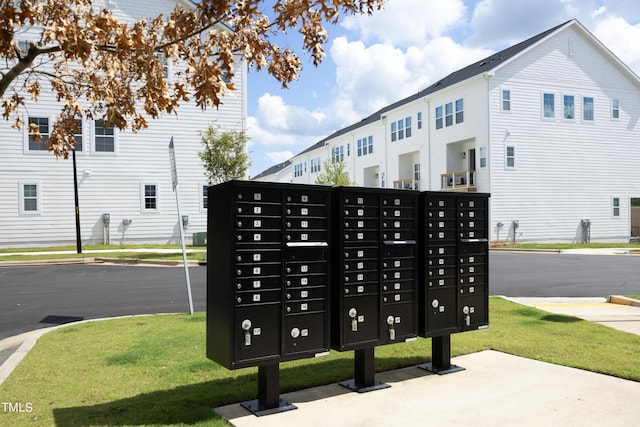 surrounding community with a lawn and a mail area