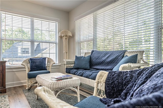 living room with baseboards and wood finished floors