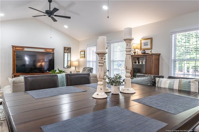 dining room featuring recessed lighting, a healthy amount of sunlight, vaulted ceiling, and ceiling fan