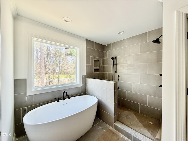 full bathroom with tiled shower, a soaking tub, tile walls, and recessed lighting