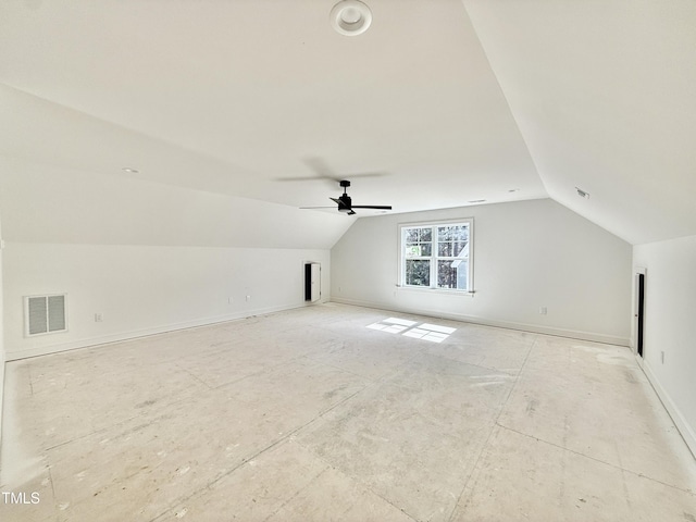 bonus room featuring a ceiling fan, lofted ceiling, visible vents, and baseboards