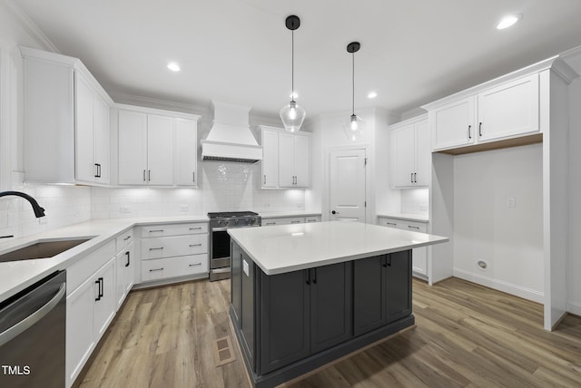 2621 Silver Gate Ct, Wake Forest, NC 27587 - kitchen featuring custom range hood, appliances with stainless steel finishes, white cabinetry, tasteful backsplash, and recessed lighting
