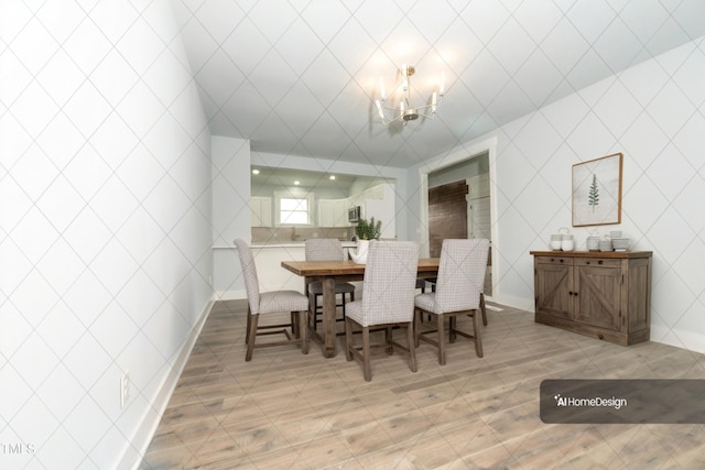 dining room with tile walls and a notable chandelier