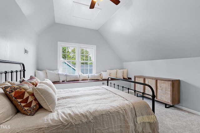 bedroom featuring ceiling fan, carpet floors, and lofted ceiling